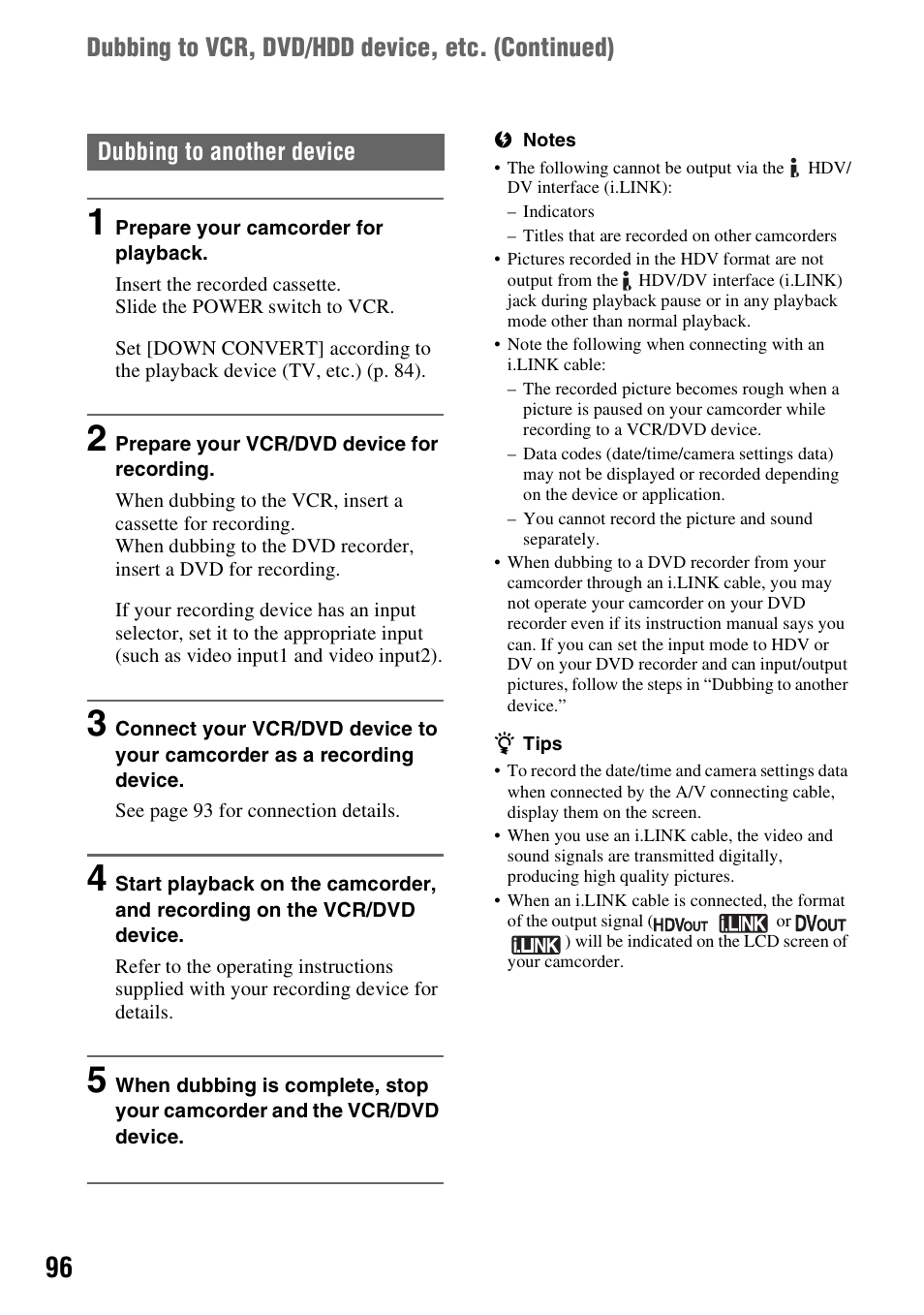 Dubbing to vcr, dvd/hdd device, etc. (continued) | Sony 3-280-847-11(1) User Manual | Page 96 / 143