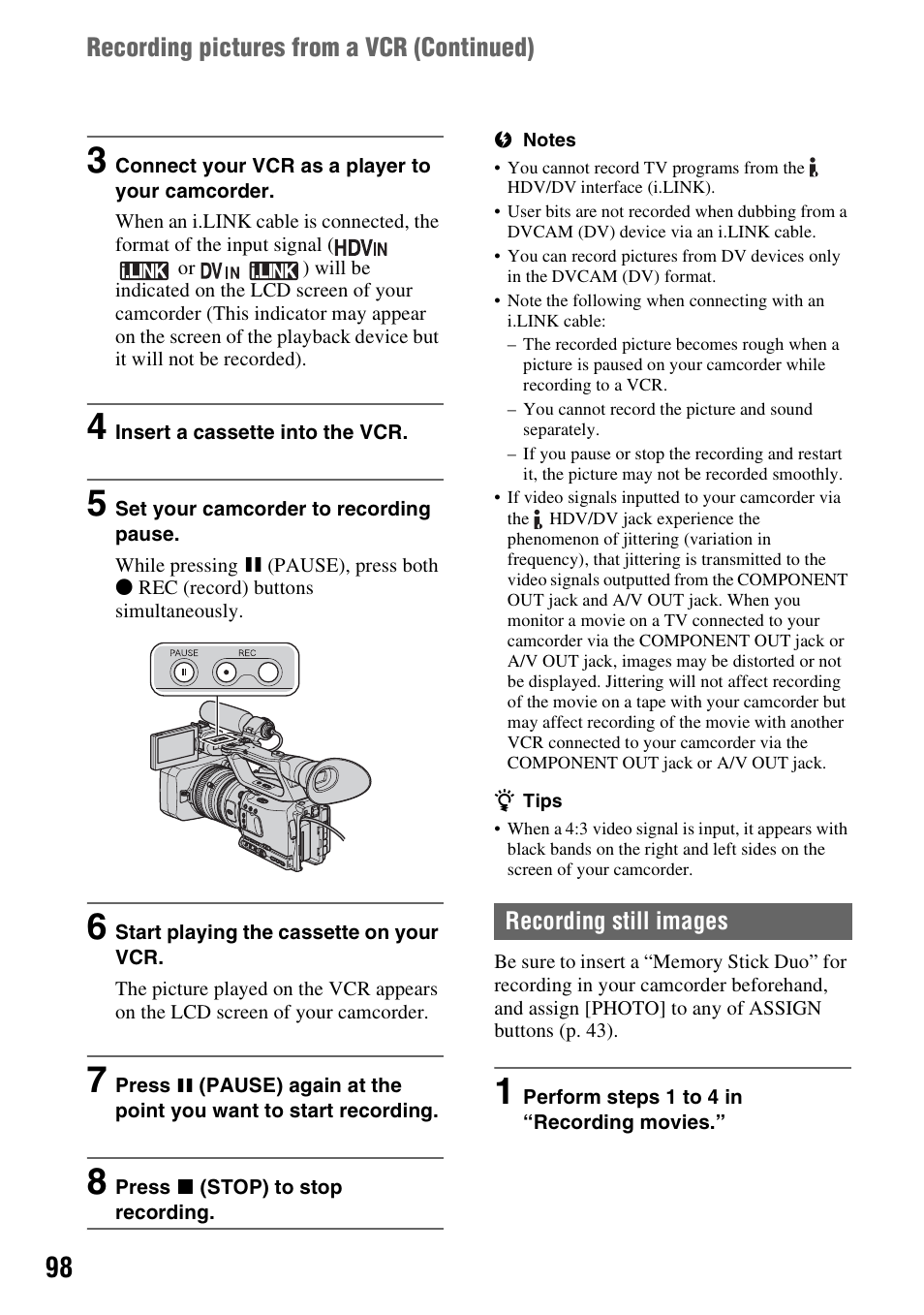 Recording pictures from a vcr (continued) | Sony 3-280-847-11(1) User Manual | Page 98 / 143