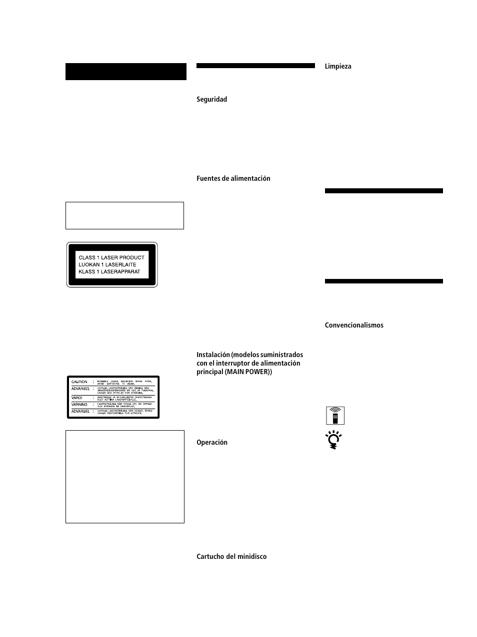 Precauciones, Advertencia, Bienvenido | Información sobre este manual | Sony MINIDISC DECK MDS-S38 User Manual | Page 74 / 112