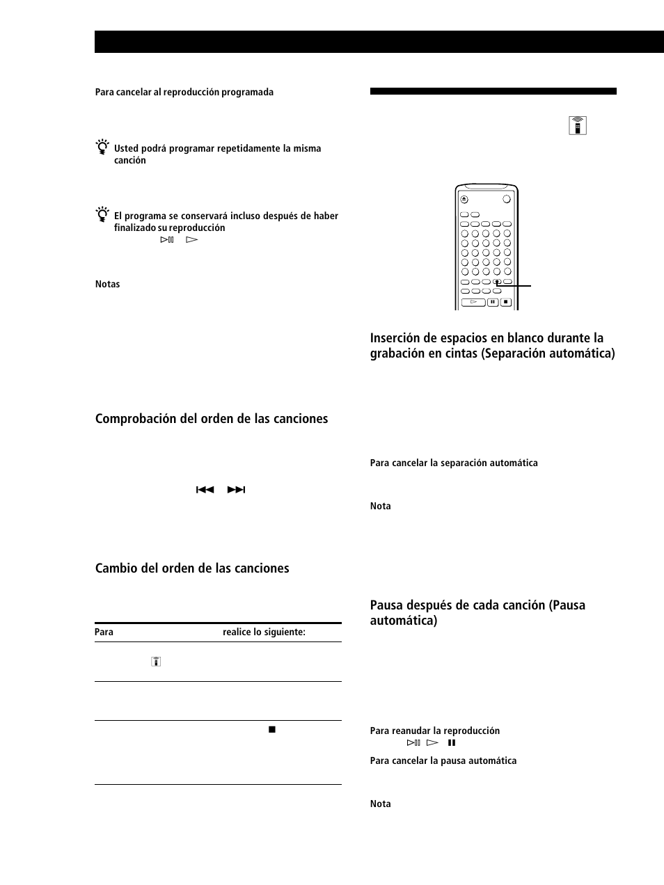 Reproducción de minidiscos 22, Pausa después de cada canción (pausa automática), Comprobación del orden de las canciones | Cambio del orden de las canciones | Sony MINIDISC DECK MDS-S38 User Manual | Page 94 / 112