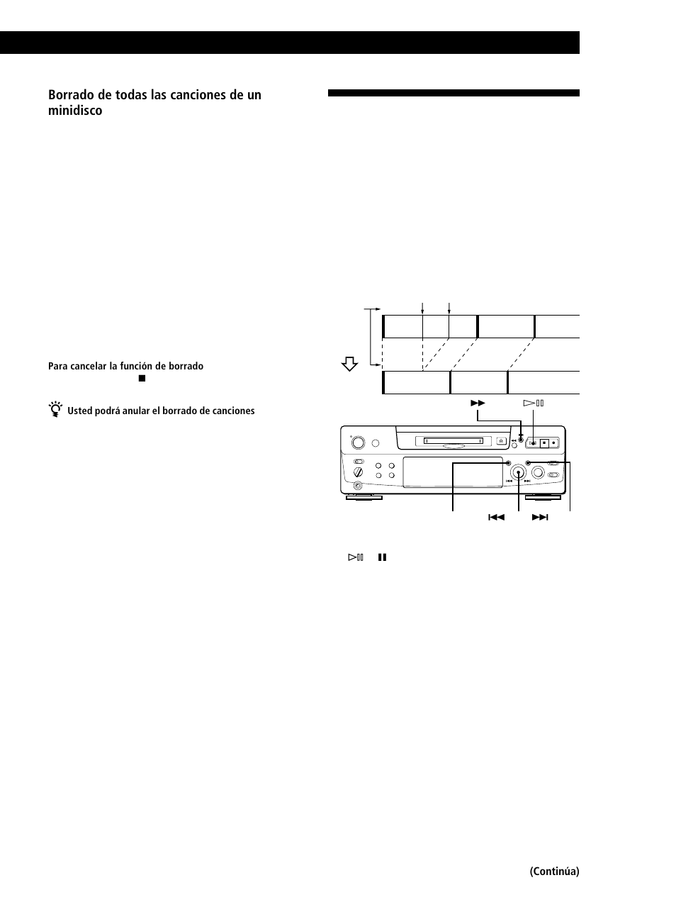 Edición de minidiscos grabados, Borrado de todas las canciones de un minidisco, Continúa) | Sony MINIDISC DECK MDS-S38 User Manual | Page 97 / 112