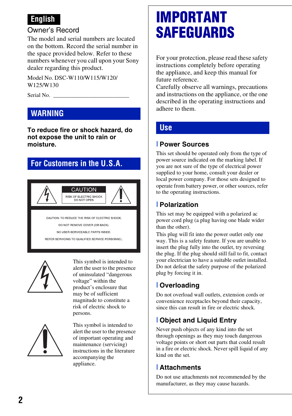 English, Important safeguards, English warning for customers in the u.s.a | Sony Cyber-shot 3-700-781-61(1) User Manual | Page 2 / 72