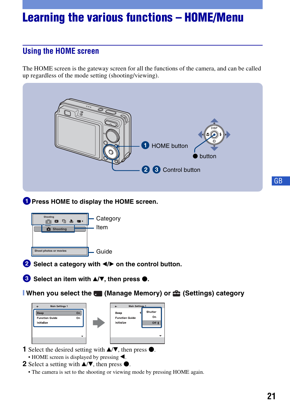 Learning the various functions - home/menu, Using the home screen, Learning the various functions – home/menu | Sony Cyber-shot 3-700-781-61(1) User Manual | Page 21 / 72