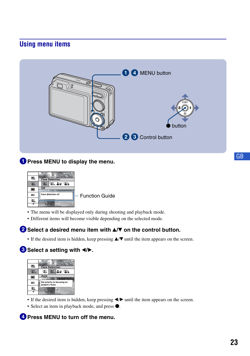 Using menu items, Using menu items 1 | Sony Cyber-shot 3-700-781-61(1) User Manual | Page 23 / 72