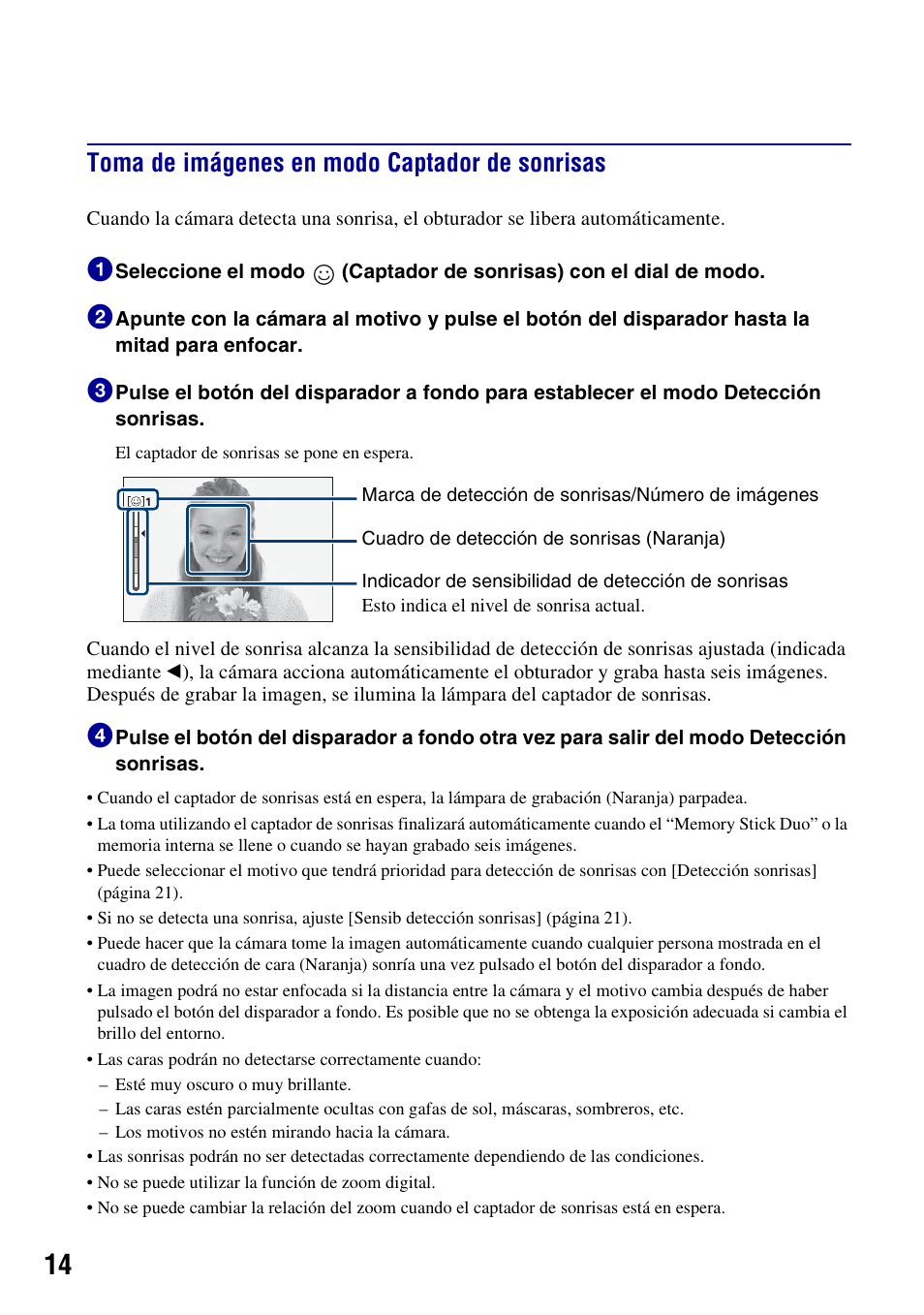 Toma de imágenes en modo captador de sonrisas | Sony Cyber-shot 3-700-781-61(1) User Manual | Page 50 / 72