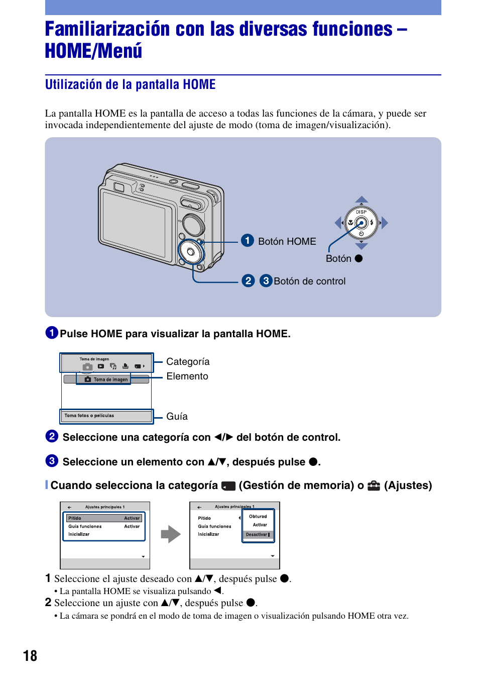 Utilización de la pantalla home | Sony Cyber-shot 3-700-781-61(1) User Manual | Page 54 / 72