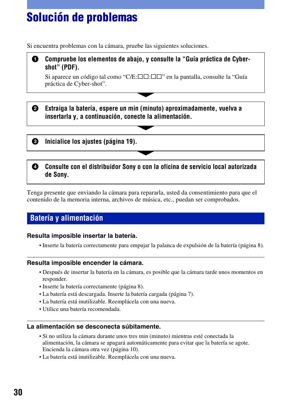 Solución de problemas, Batería y alimentación | Sony Cyber-shot 3-700-781-61(1) User Manual | Page 66 / 72