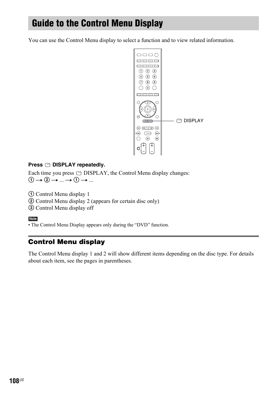 Guide to the control menu display | Sony DAV-IS50 User Manual | Page 108 / 115