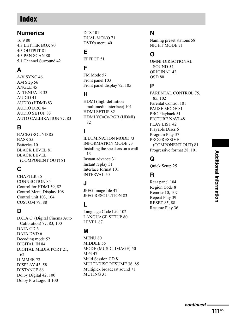Index, Numerics | Sony DAV-IS50 User Manual | Page 111 / 115