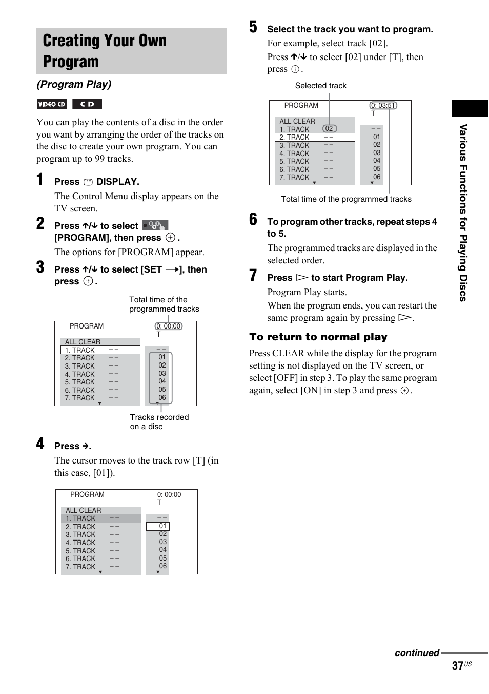 Creating your own program, Program play) | Sony DAV-IS50 User Manual | Page 37 / 115