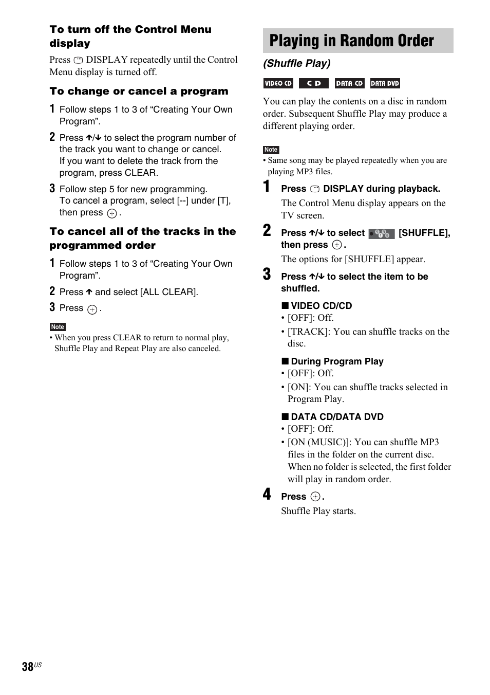 Playing in random order, Shuffle play) | Sony DAV-IS50 User Manual | Page 38 / 115