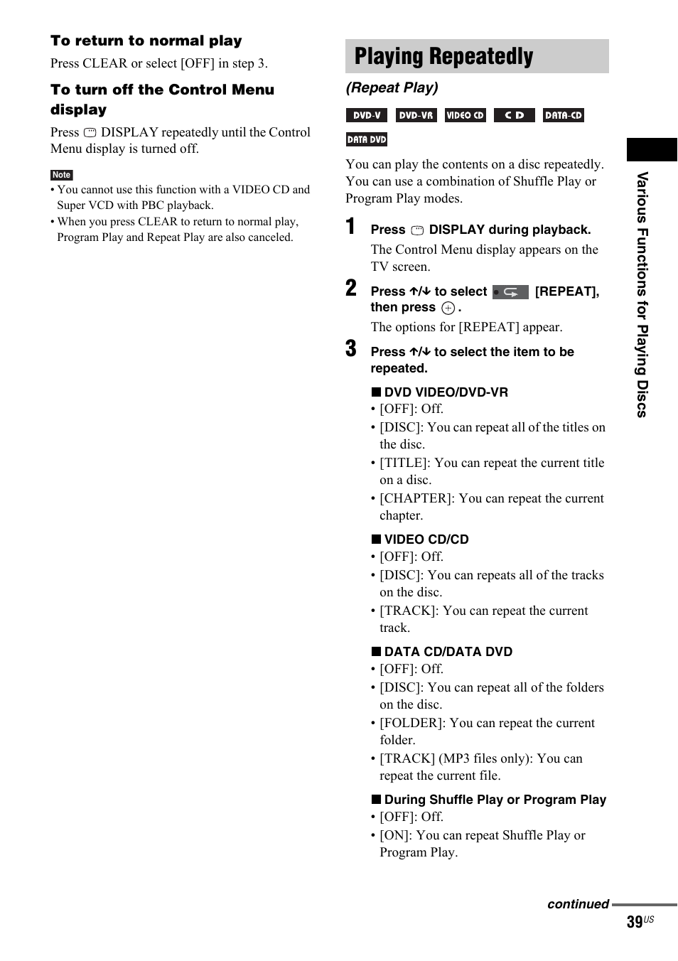 Playing repeatedly, Repeat play) | Sony DAV-IS50 User Manual | Page 39 / 115