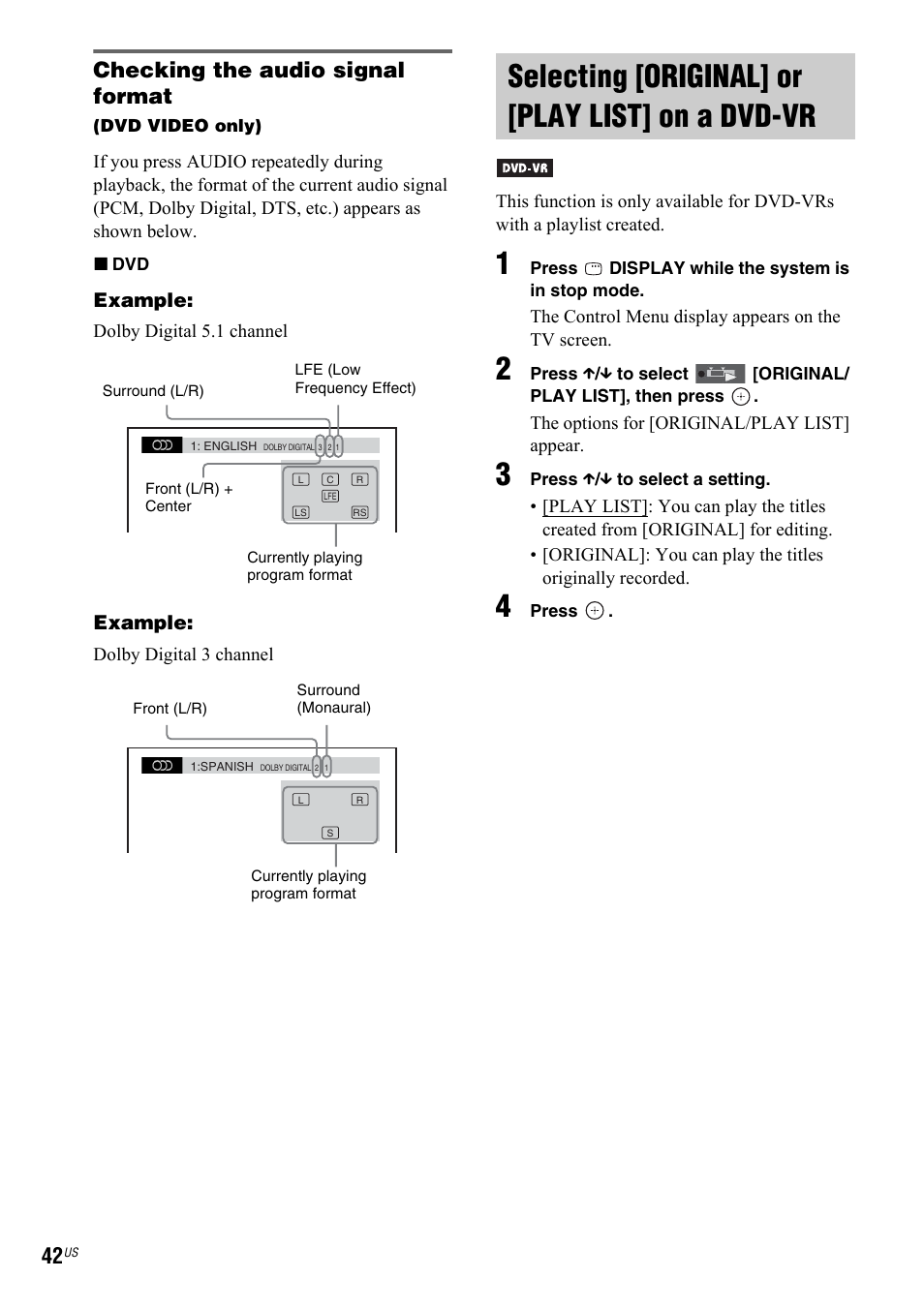 Selecting [original] or [play list] on a dvd-vr, Selecting [original] or, Play list] on a dvd-vr | Checking the audio signal format | Sony DAV-IS50 User Manual | Page 42 / 115