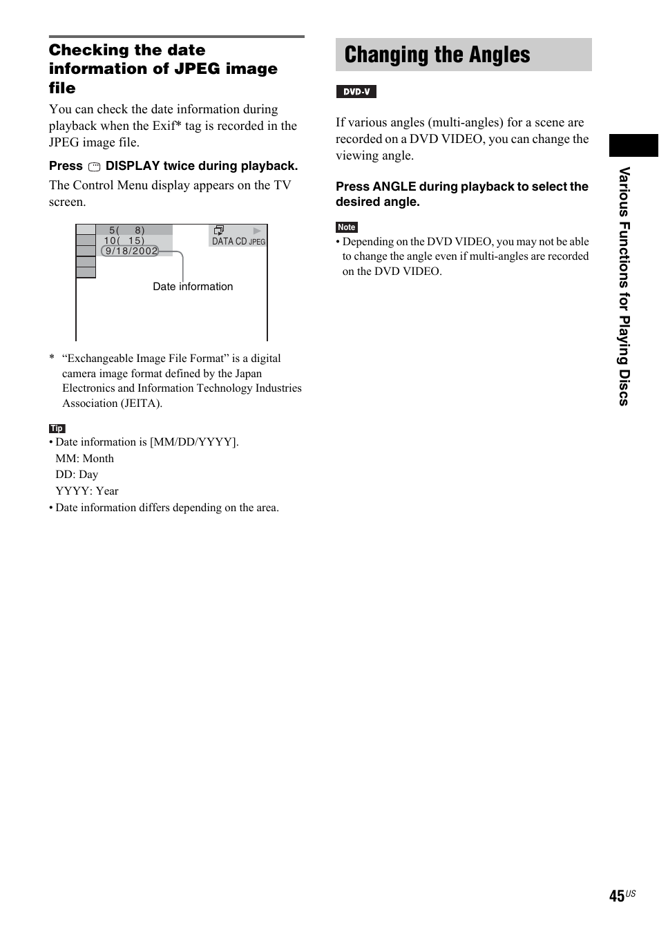 Changing the angles, Checking the date information of jpeg image file | Sony DAV-IS50 User Manual | Page 45 / 115