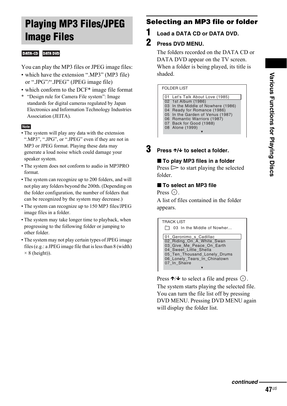 Playing mp3 files/jpeg image files | Sony DAV-IS50 User Manual | Page 47 / 115