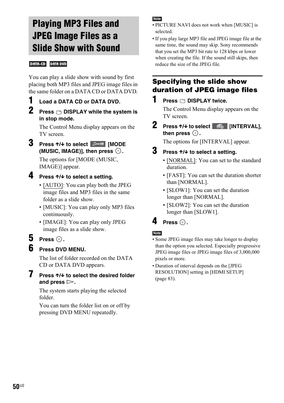 Playing mp3 files and jpeg image, Files as a slide show with sound | Sony DAV-IS50 User Manual | Page 50 / 115