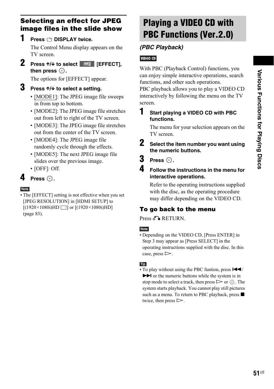 Playing a video cd with pbc functions (ver.2.0), Pbc playback), Playing a video cd with pbc | Functions (ver.2.0) (pbc playback) | Sony DAV-IS50 User Manual | Page 51 / 115