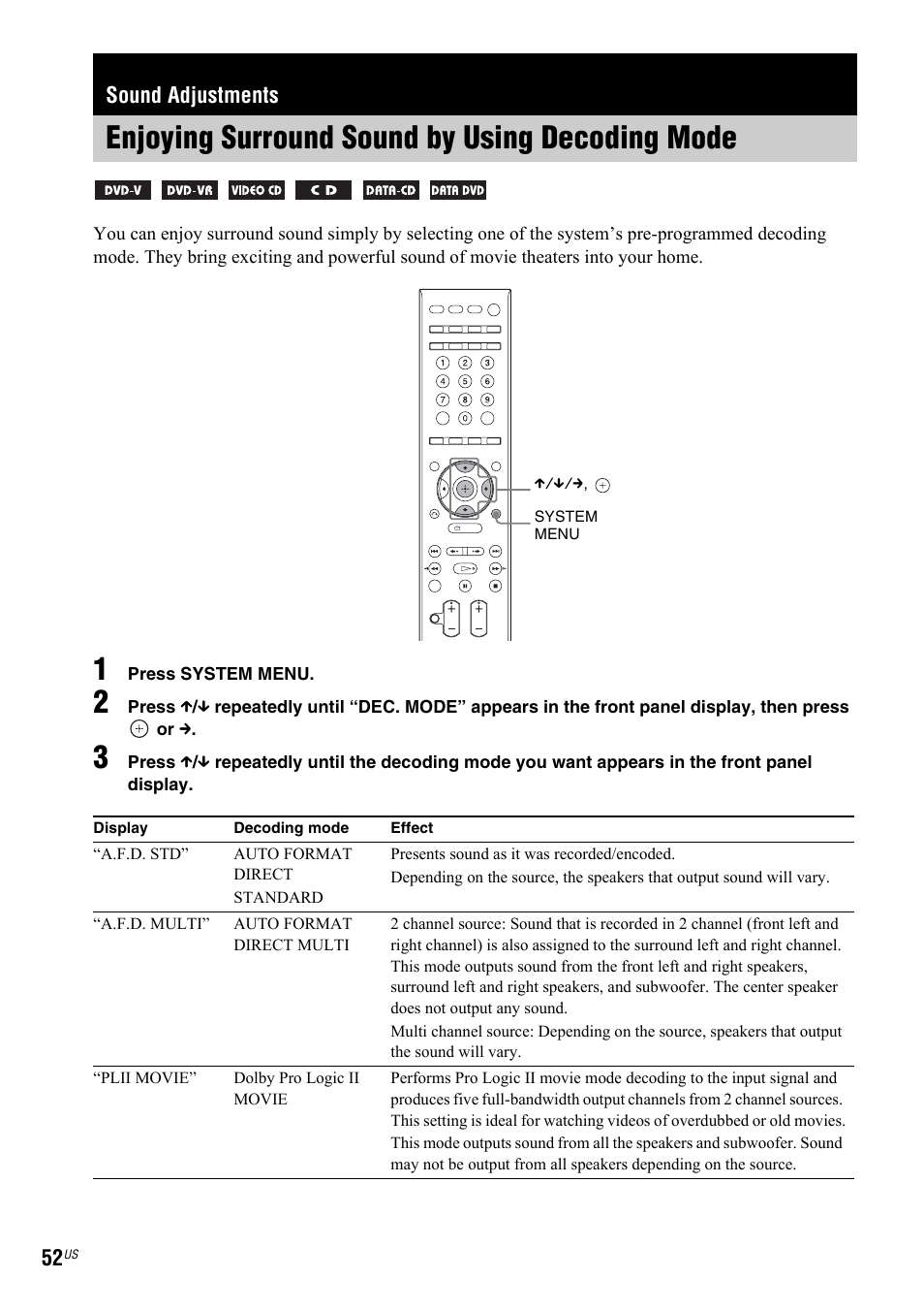 Sound adjustments, Enjoying surround sound by using decoding mode, Enjoying surround sound by using | Decoding mode | Sony DAV-IS50 User Manual | Page 52 / 115