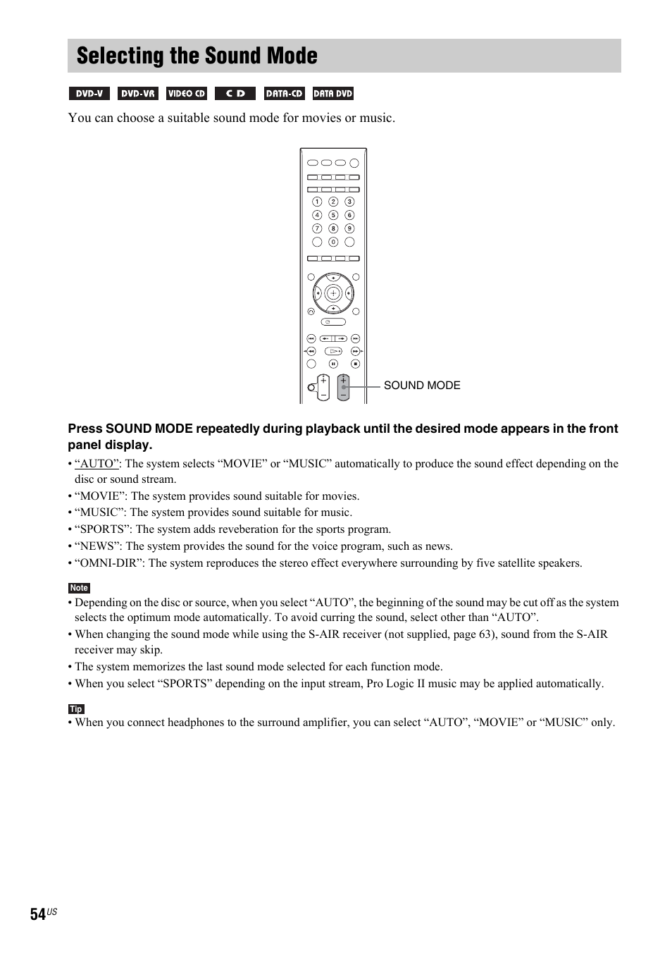 Selecting the sound mode | Sony DAV-IS50 User Manual | Page 54 / 115