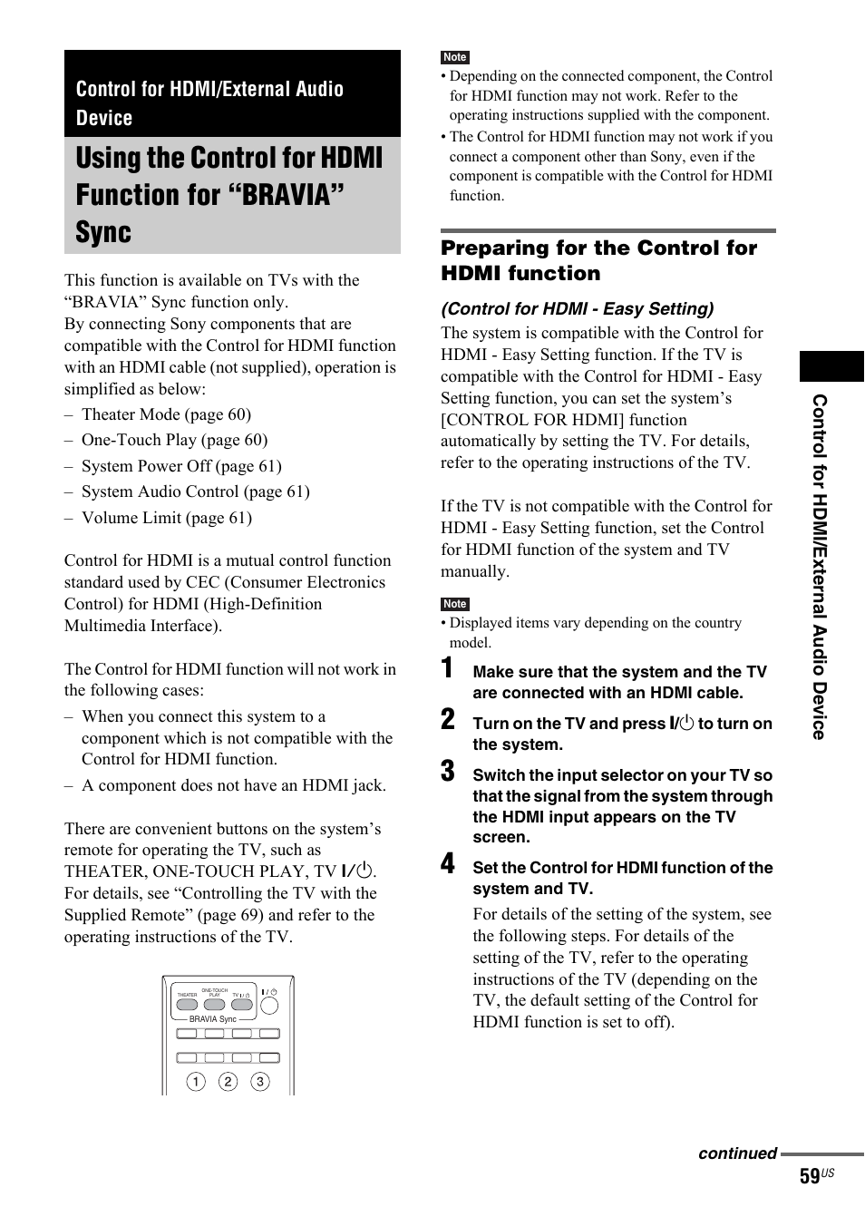 Control for hdmi/external audio device, Control for hdmi - easy setting), Using the control for hdmi function | For “bravia” sync, Preparing for the control for hdmi function | Sony DAV-IS50 User Manual | Page 59 / 115
