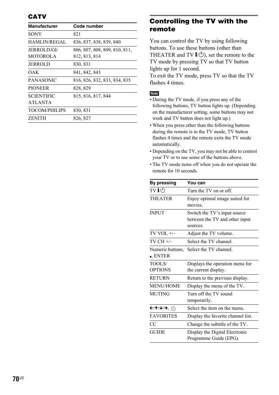 Controlling the tv with the remote | Sony DAV-IS50 User Manual | Page 70 / 115