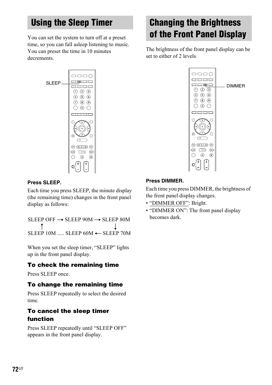 Using the sleep timer, Changing the brightness of the front panel display, Panel display | Sony DAV-IS50 User Manual | Page 72 / 115