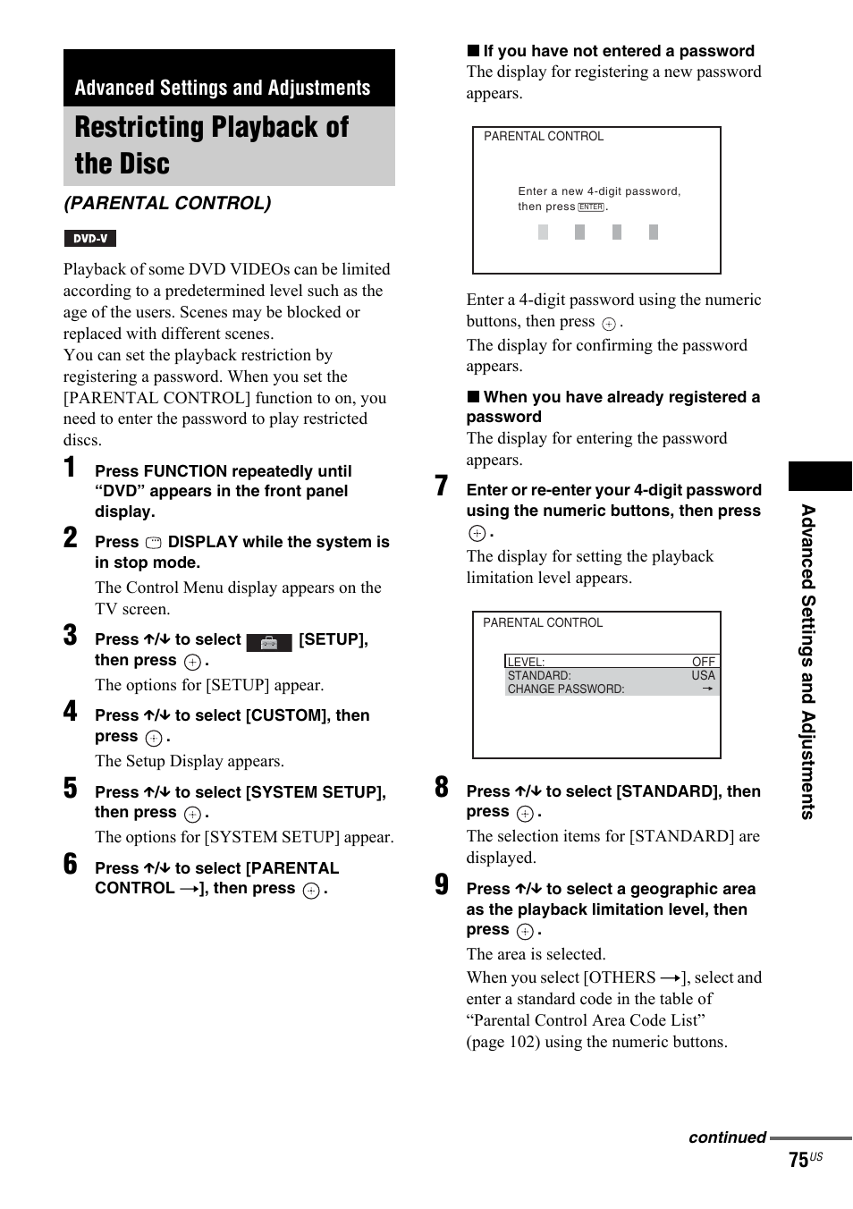 Advanced settings and adjustments, Restricting playback of the disc, Parental control) | Sony DAV-IS50 User Manual | Page 75 / 115