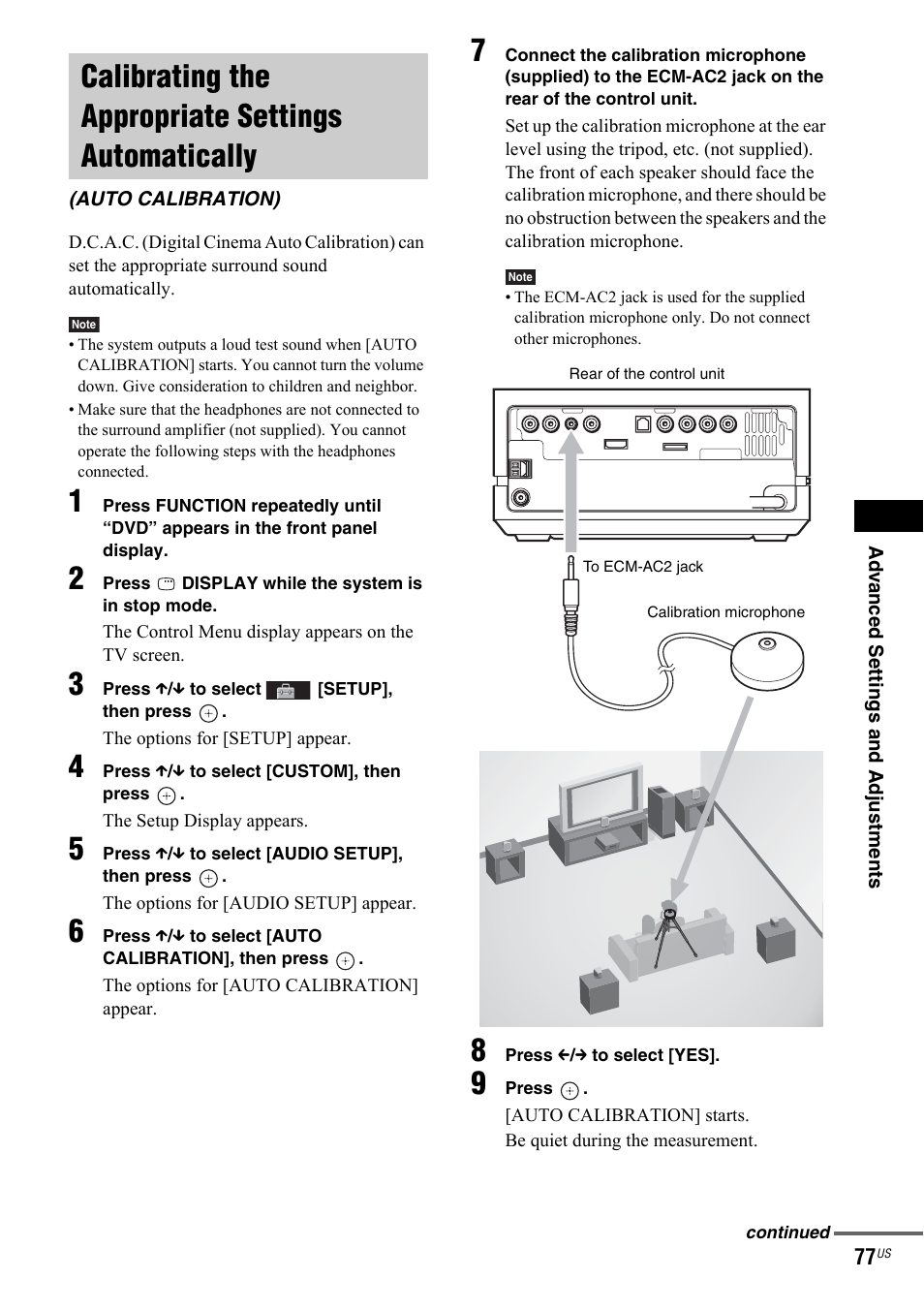 Calibrating the appropriate settings automatically, Auto calibration), Calibrating the appropriate settings | Automatically (auto calibration) | Sony DAV-IS50 User Manual | Page 77 / 115
