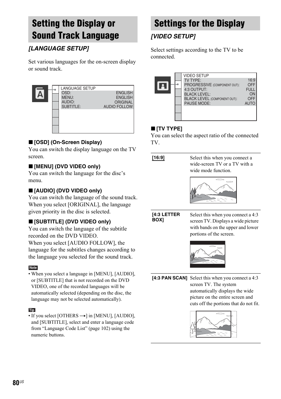 Setting the display or sound track language, Language setup, Settings for the display | Video setup, Setting the display or sound track, Language [language setup | Sony DAV-IS50 User Manual | Page 80 / 115