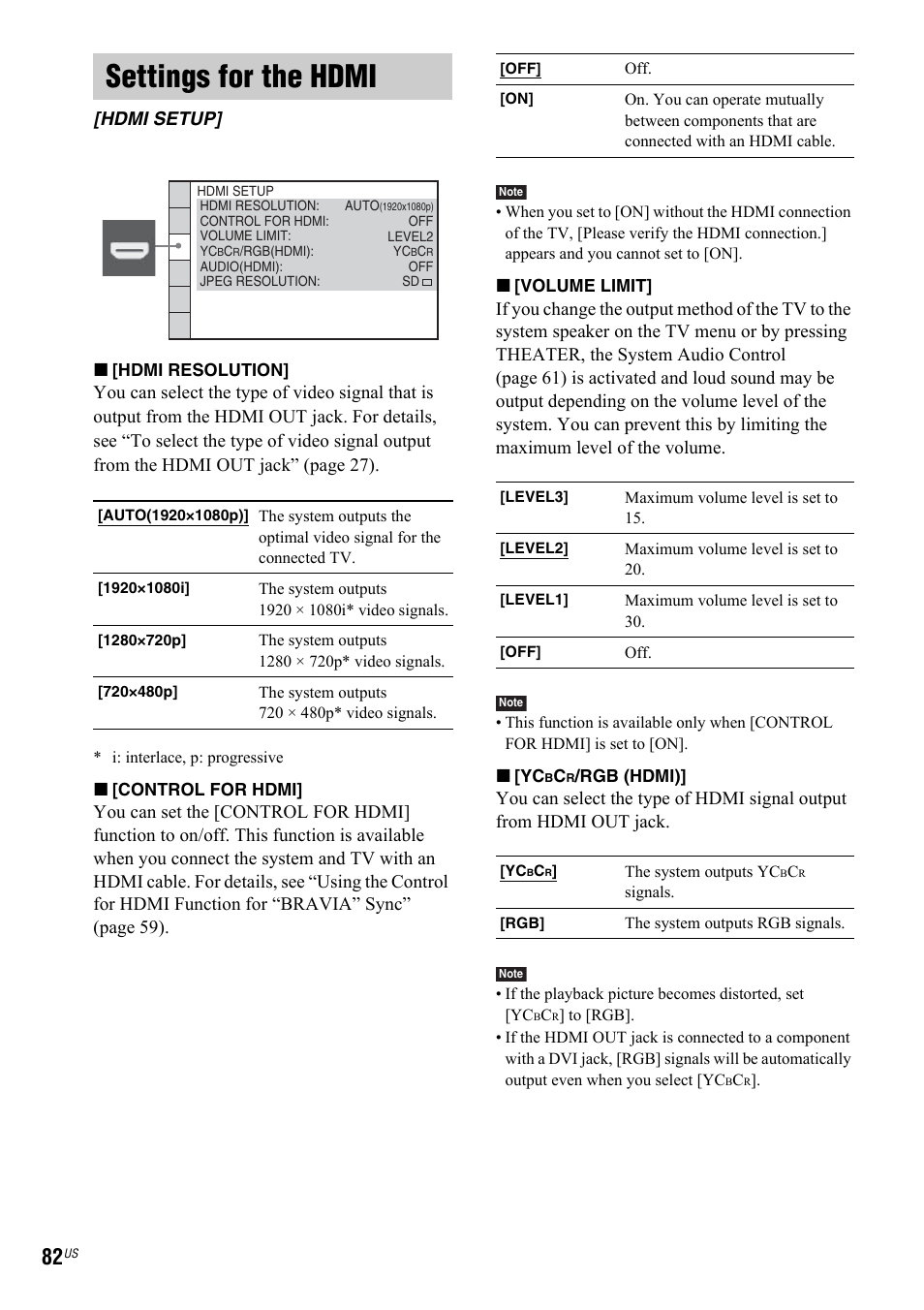 Settings for the hdmi, Hdmi setup | Sony DAV-IS50 User Manual | Page 82 / 115