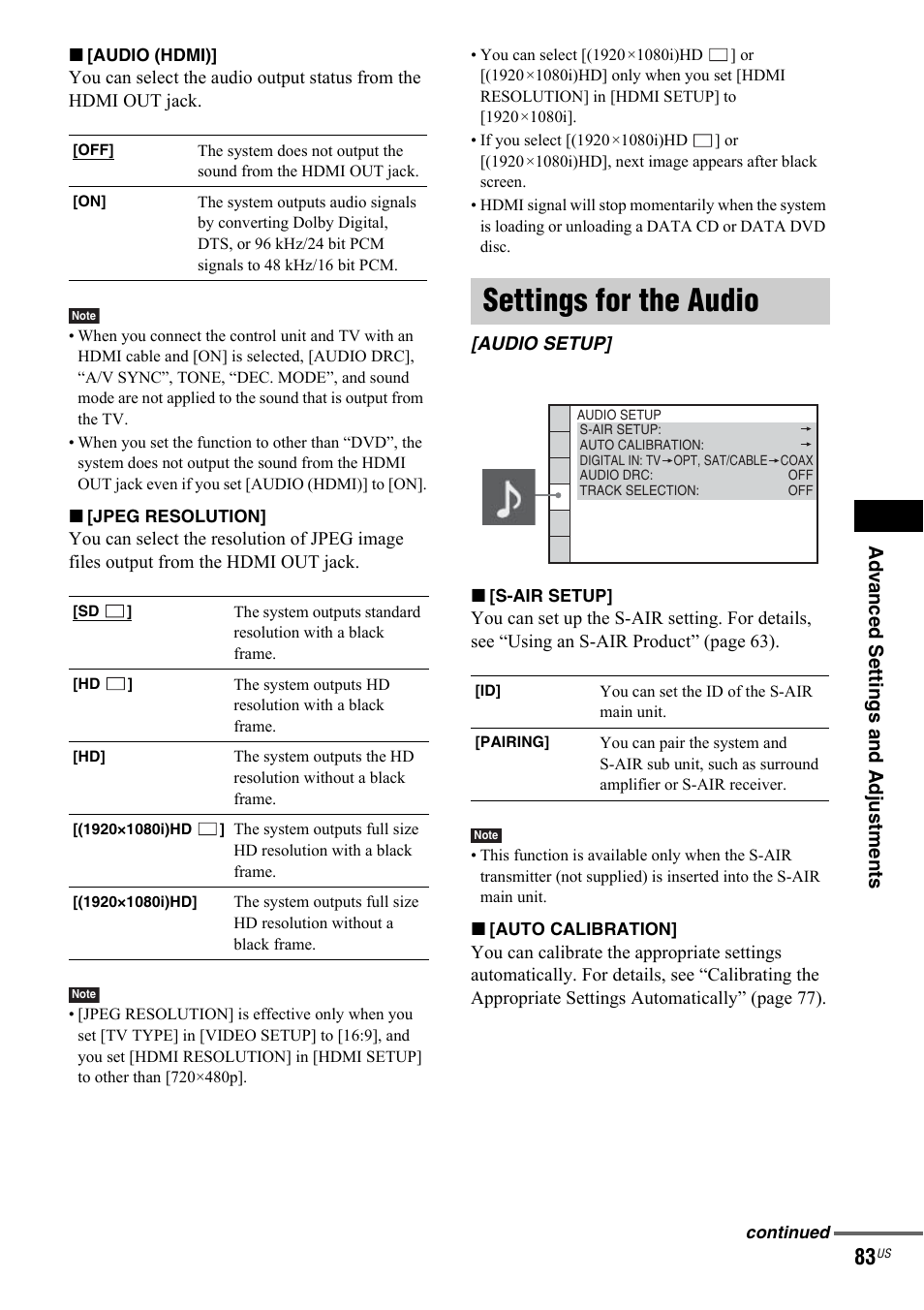 Settings for the audio, Audio setup | Sony DAV-IS50 User Manual | Page 83 / 115