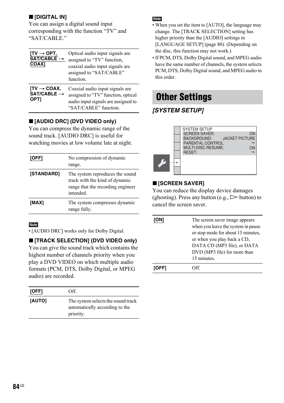 Other settings, System setup | Sony DAV-IS50 User Manual | Page 84 / 115