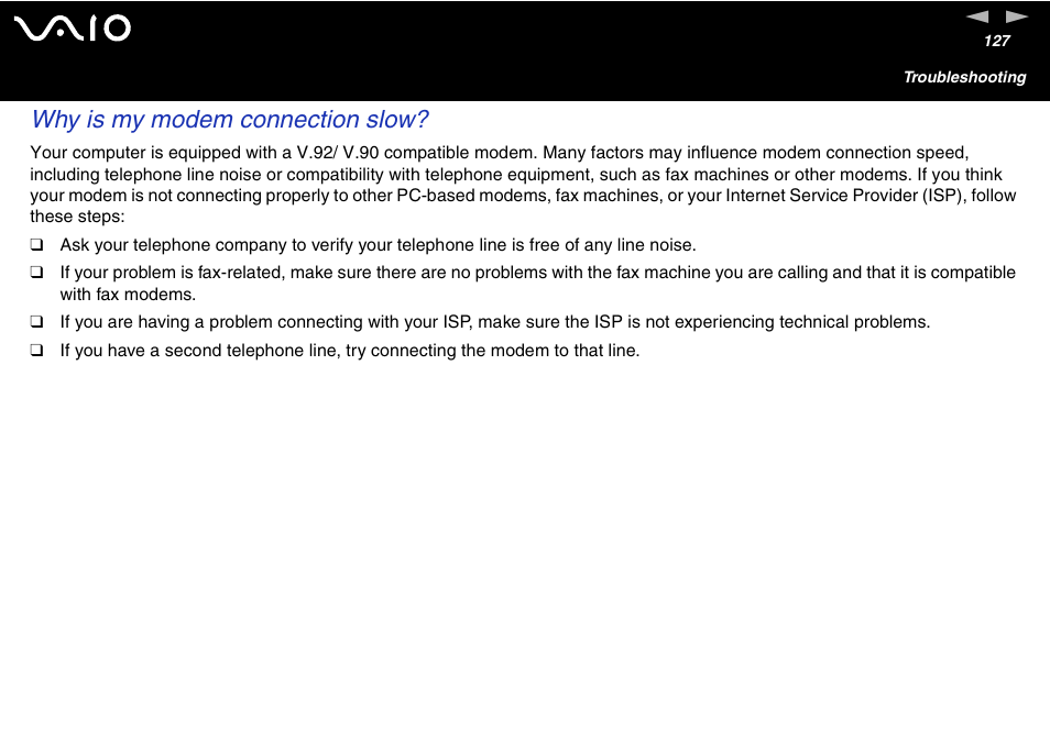 Why is my modem connection slow | Sony VGC-V User Manual | Page 127 / 158