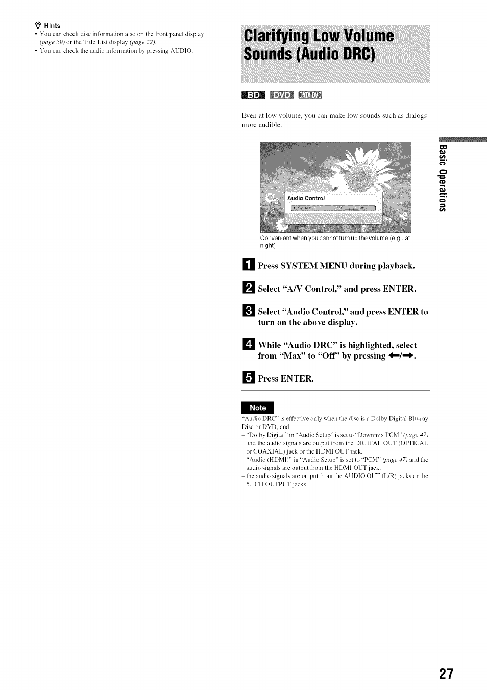 Press system menu during playback, Select “aa^ control,” and press enter, Press enter | Clarifying low volume sounds (audio drc) | Sony BDP-S301 User Manual | Page 27 / 72