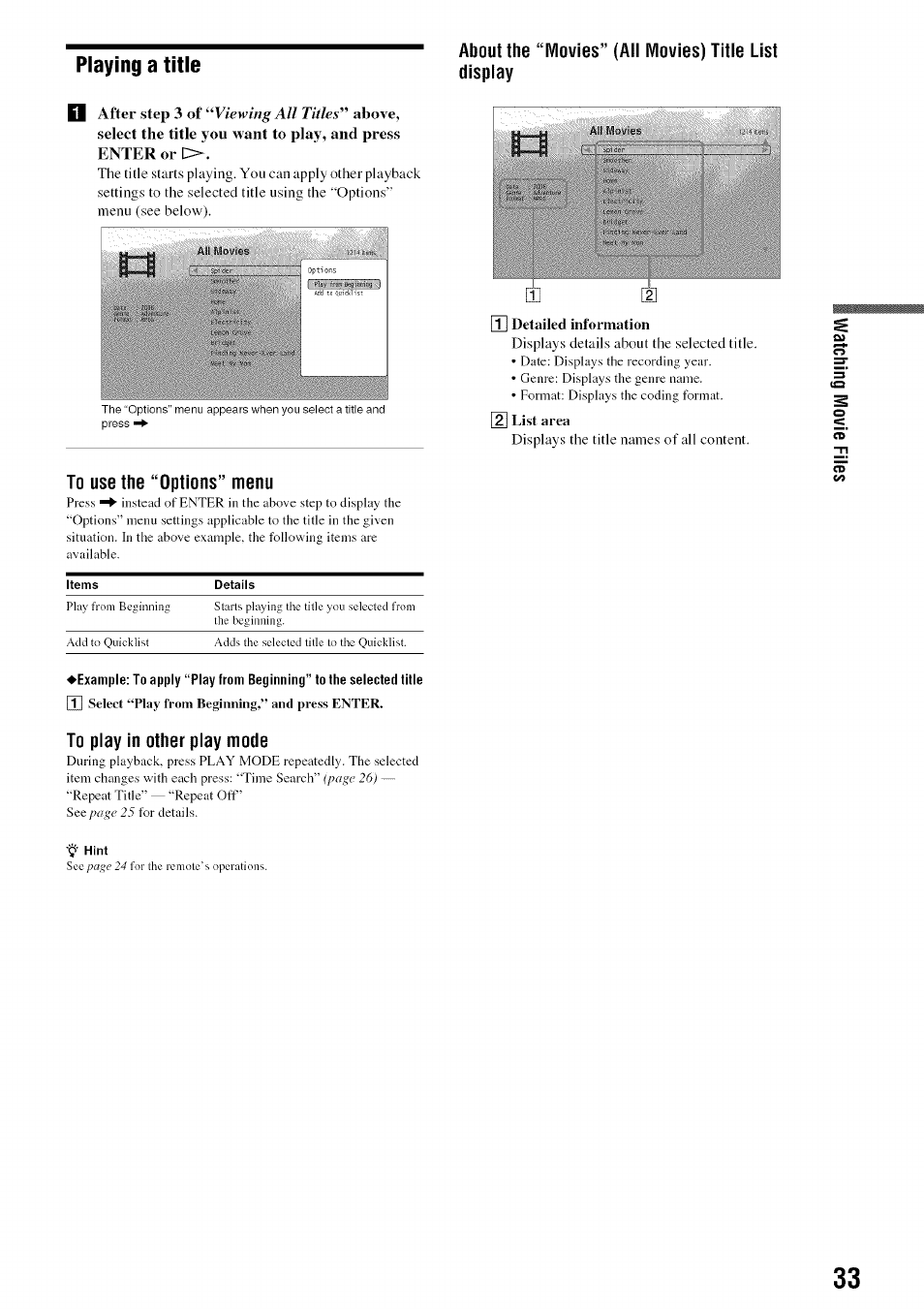 About the “movies” (all movies) title list display, To use the “options” menu, M detailed information | List area, To play in other play mode, Playing a title | Sony BDP-S301 User Manual | Page 33 / 72