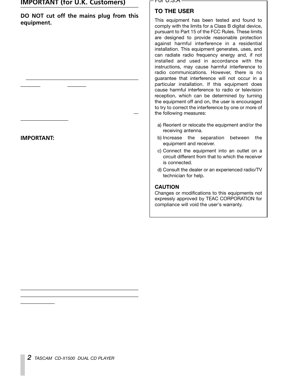 Important (for u.k. customers) | Sony CD-X1500 User Manual | Page 2 / 40