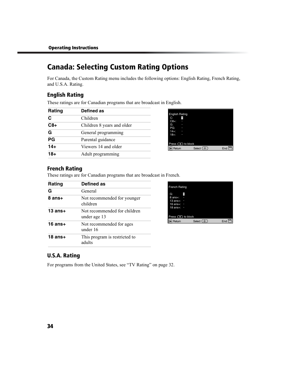 Canada: selecting custom rating options, English rating, French rating | 34). if y, U.s.a. rating | Sony WEGA KV-27FS100L User Manual | Page 42 / 55