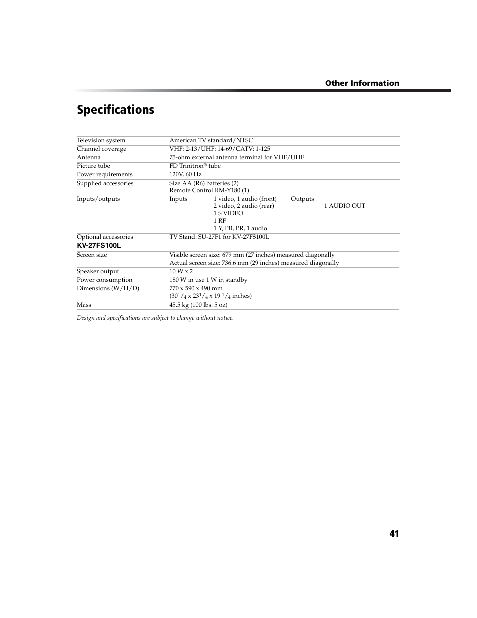 Specifications | Sony WEGA KV-27FS100L User Manual | Page 49 / 55