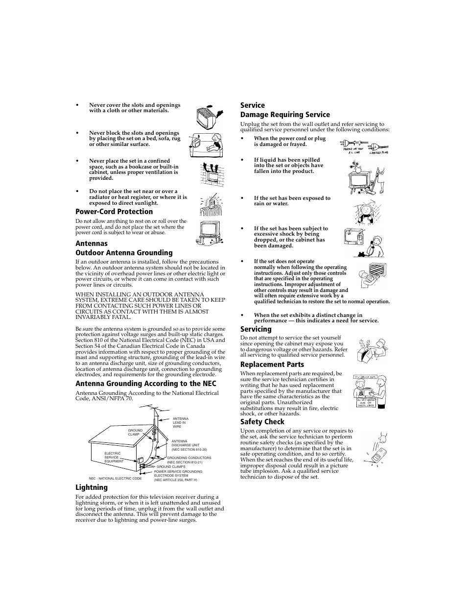 Antennas, Service, Connecting additional equipment | Power-cord protection, Antennas outdoor antenna grounding, Antenna grounding according to the nec, Lightning, Service damage requiring service, Servicing, Replacement parts | Sony WEGA KV-27FS100L User Manual | Page 5 / 55