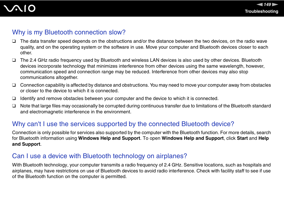Why is my bluetooth connection slow | Sony VAIO VGN-FW300 User Manual | Page 149 / 179
