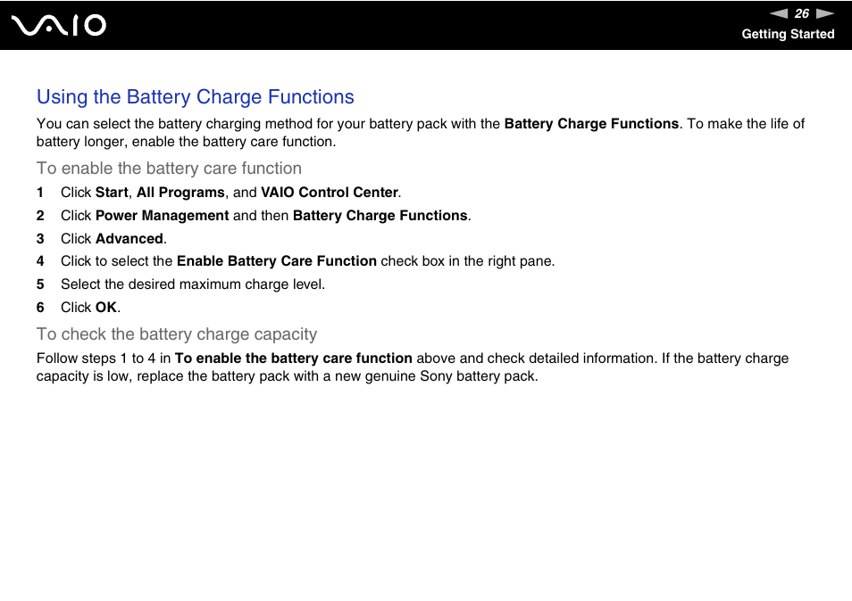 Using the battery charge functions | Sony VAIO VGN-FW300 User Manual | Page 26 / 179