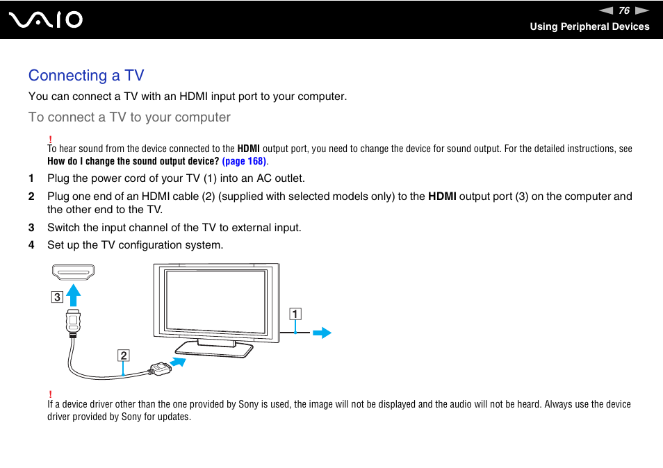 Connecting a tv | Sony VAIO VGN-FW300 User Manual | Page 76 / 179