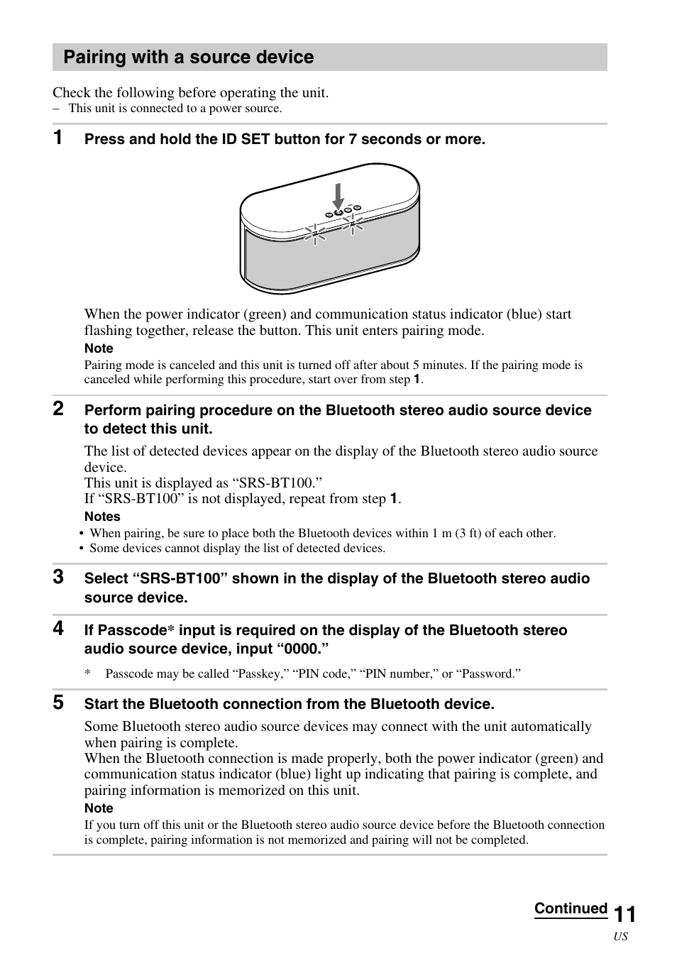 Pairing with a source device | Sony SRS-BT100 User Manual | Page 11 / 64