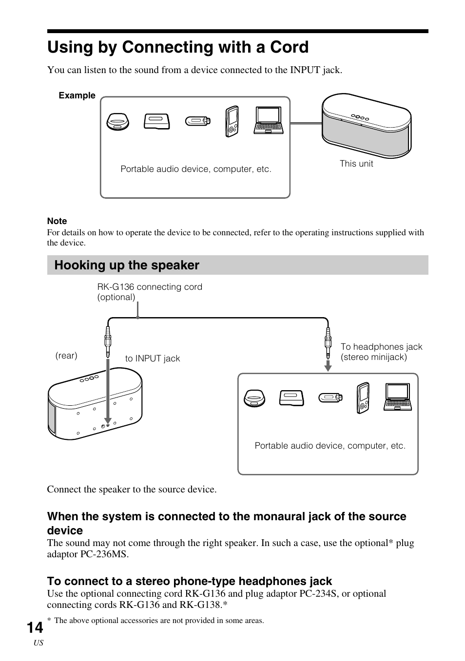 Using by connecting with a cord, Hooking up the speaker, Using by connecting with a | Cord | Sony SRS-BT100 User Manual | Page 14 / 64