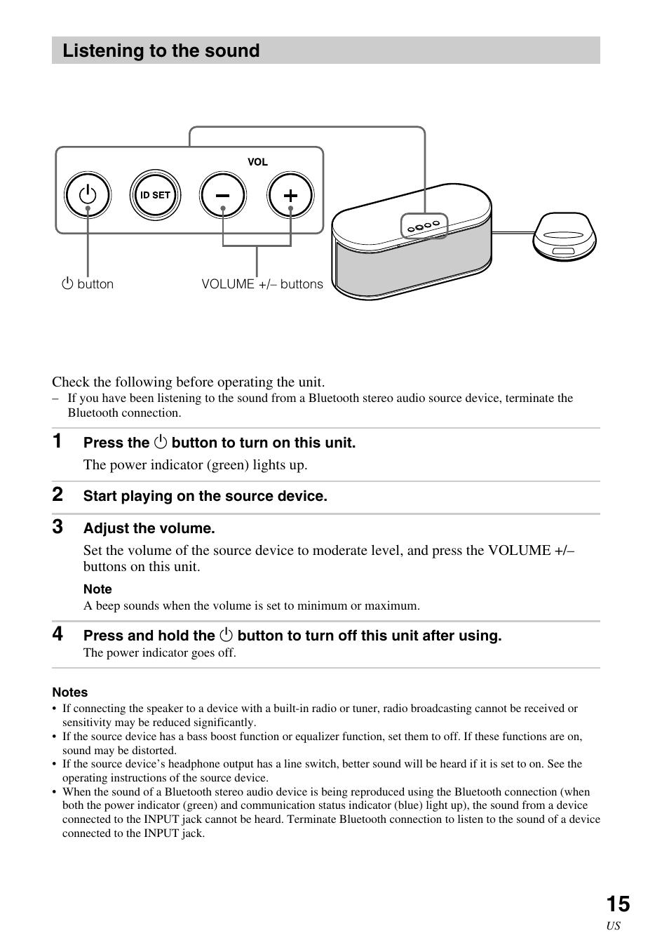 Listening to the sound | Sony SRS-BT100 User Manual | Page 15 / 64