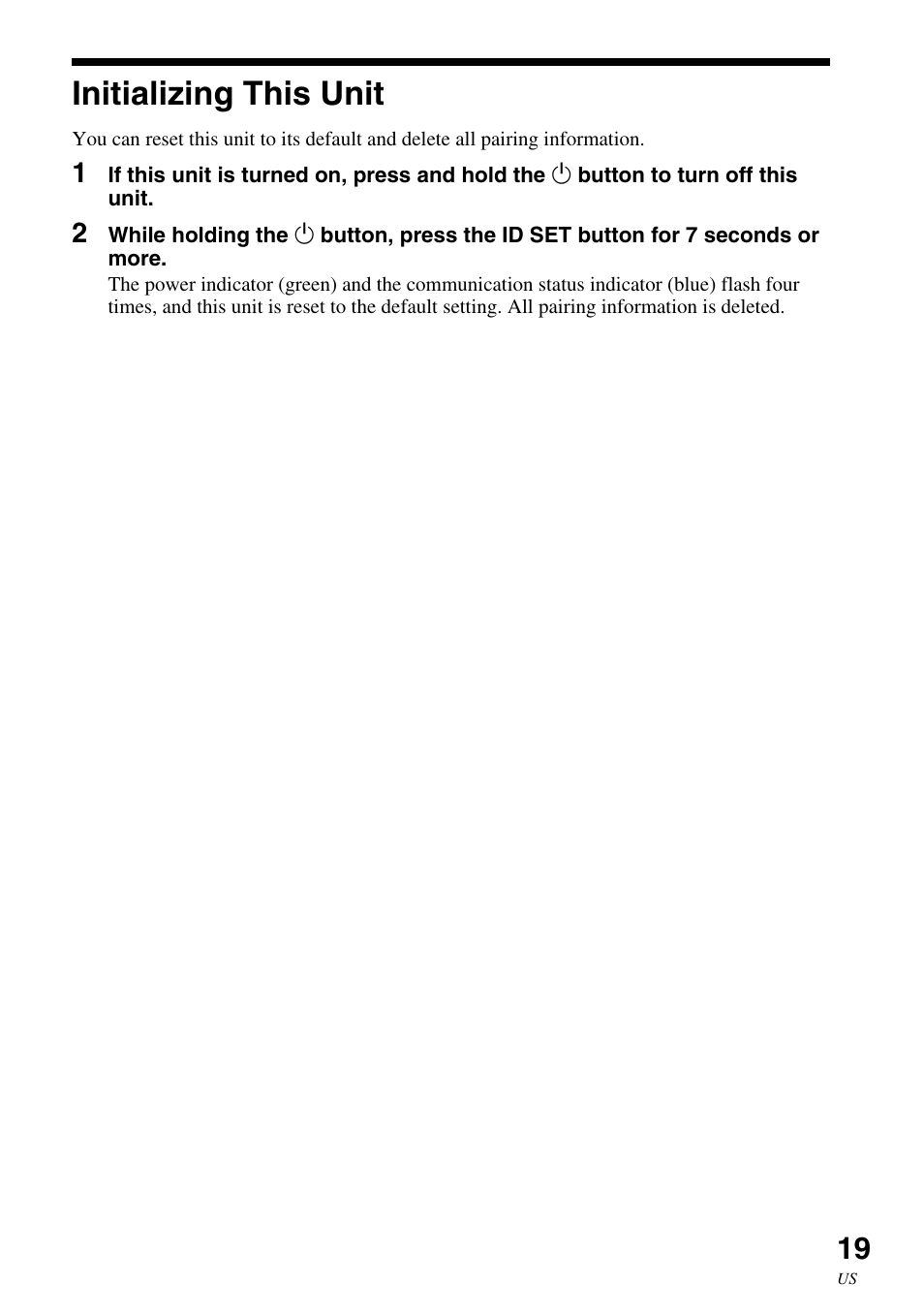 Initializing this unit | Sony SRS-BT100 User Manual | Page 19 / 64