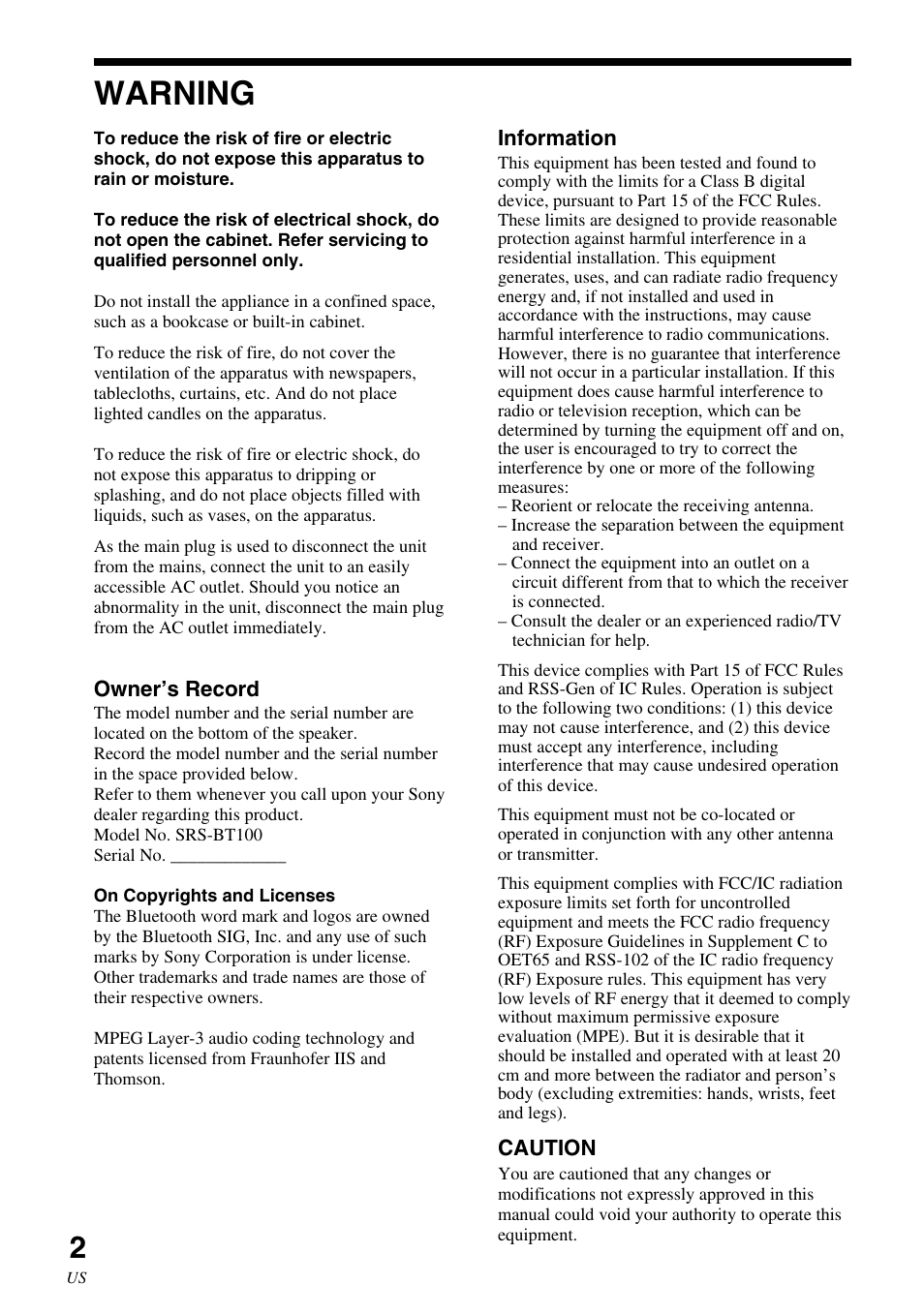 Warning | Sony SRS-BT100 User Manual | Page 2 / 64