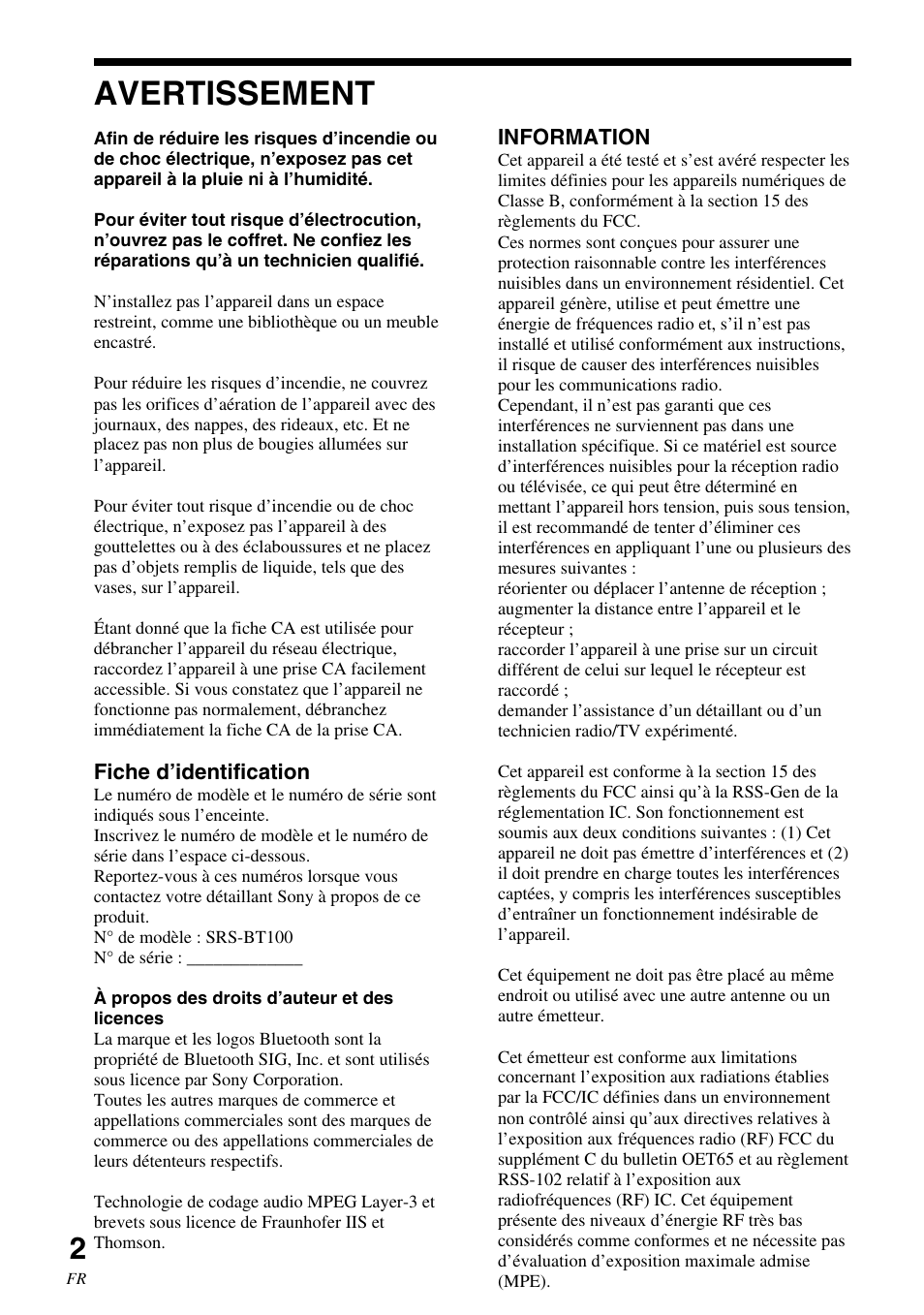 Avertissement | Sony SRS-BT100 User Manual | Page 22 / 64