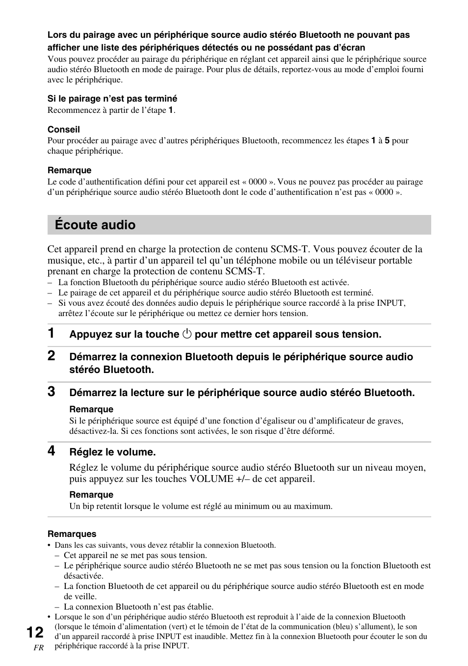 Écoute audio | Sony SRS-BT100 User Manual | Page 32 / 64