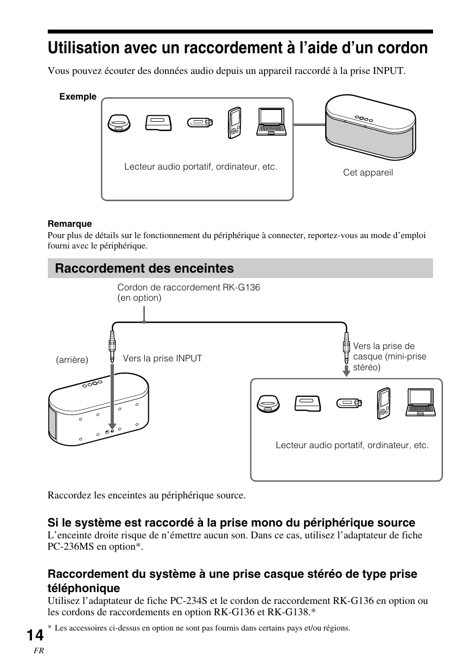 Raccordement des enceintes, Utilisation avec un, Raccordement à l’aide d’un cordon | Sony SRS-BT100 User Manual | Page 34 / 64